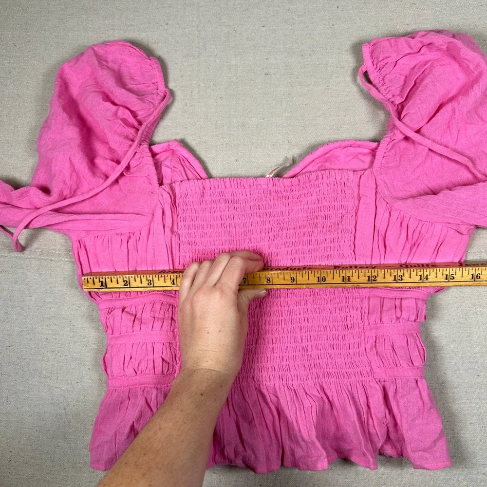 Free People Chloe Pink Smock Peplum‎ Crop Blouse Long Puff Sleeve Sweetheart Top